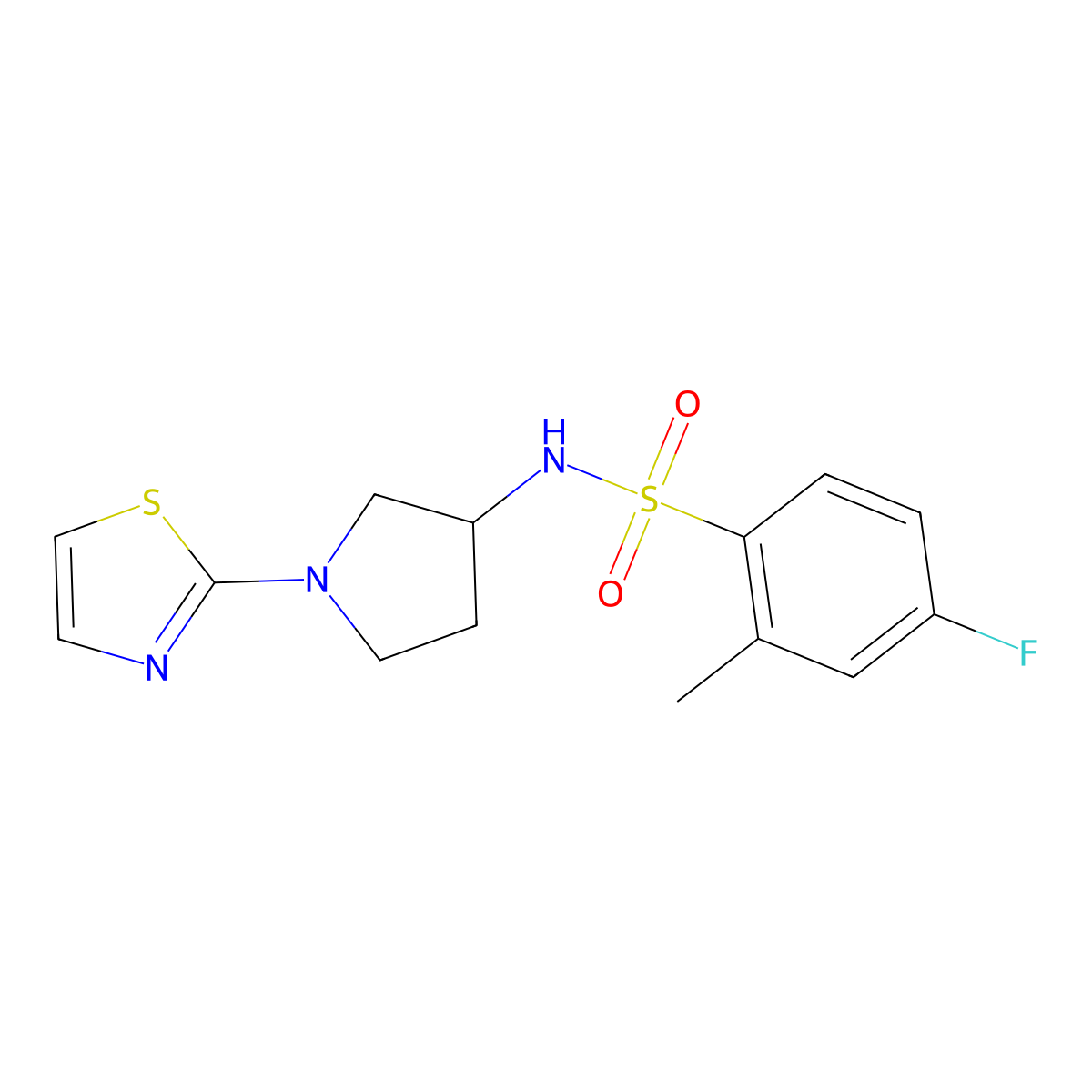 4-fluoro-2-methyl-N-(1-(thiazol-2-yl)pyrrolidin-3-yl)benzenesulfonamide molecular structure, CAS 1798032-20-8