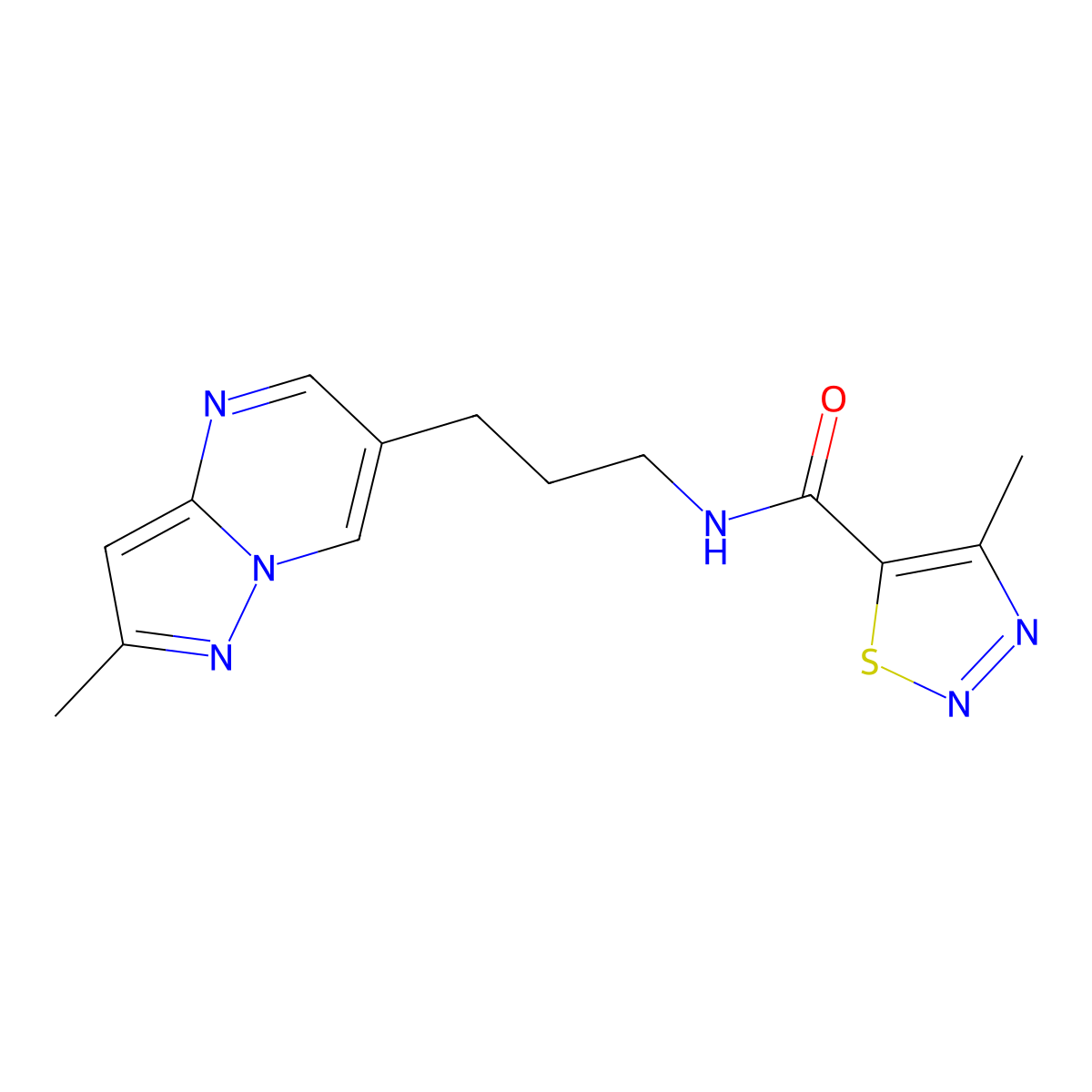 4-methyl-N-(3-(2-methylpyrazolo[1,5-a]pyrimidin-6-yl)propyl)-1,2,3-thiadiazole-5-carboxamide molecular structure, CAS 1798032-27-5