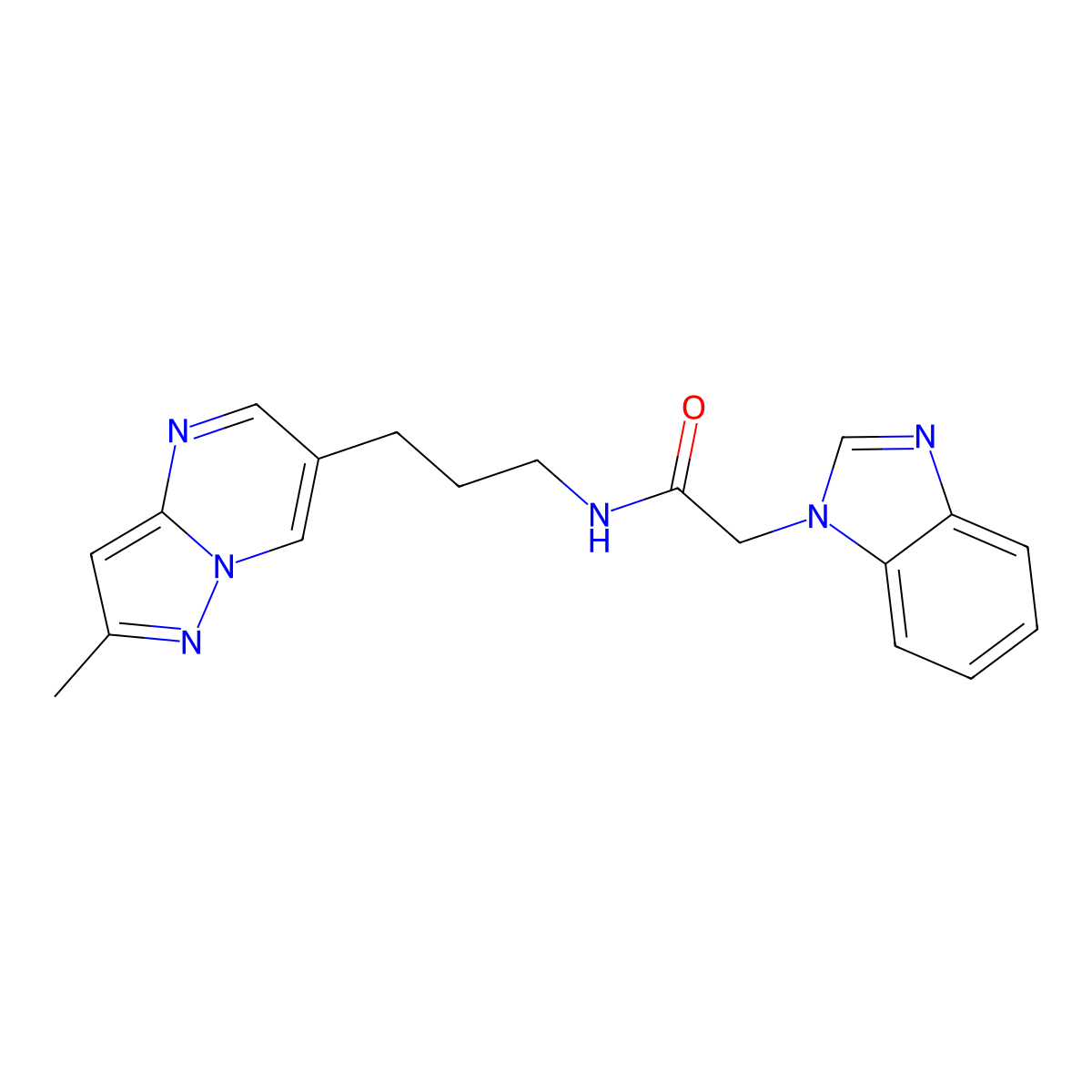 2-(1H-benzo[d]imidazol-1-yl)-N-(3-(2-methylpyrazolo[1,5-a]pyrimidin-6-yl)propyl)acetamide molecular structure, CAS 1798032-85-5