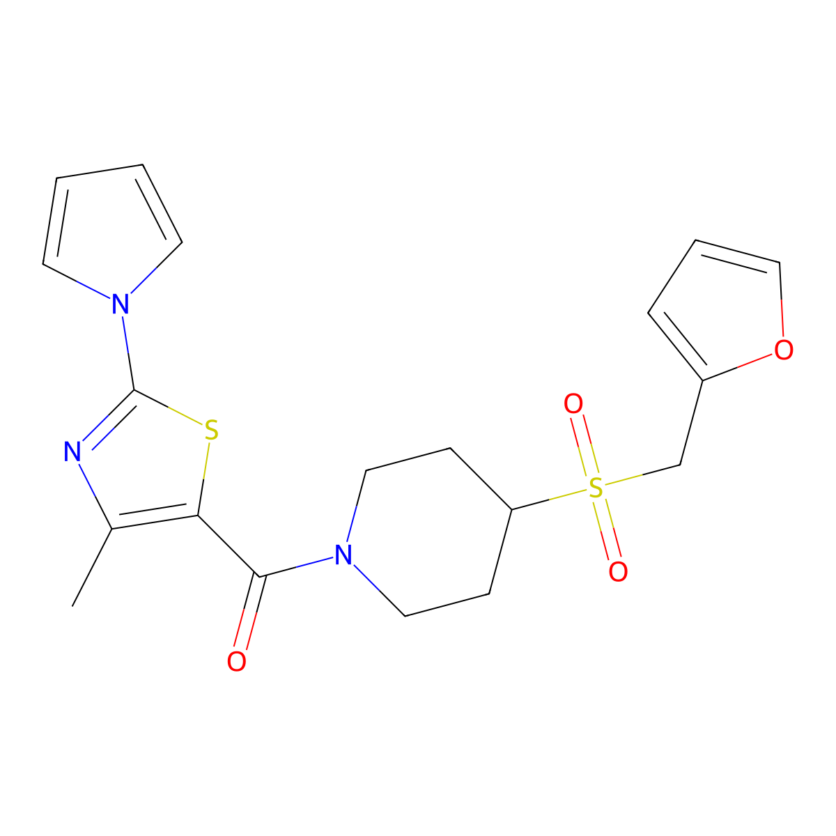 (4-((furan-2-ylmethyl)sulfonyl)piperidin-1-yl)(4-methyl-2-(1H-pyrrol-1-yl)thiazol-5-yl)methanone molecular structure, CAS 1798033-62-1