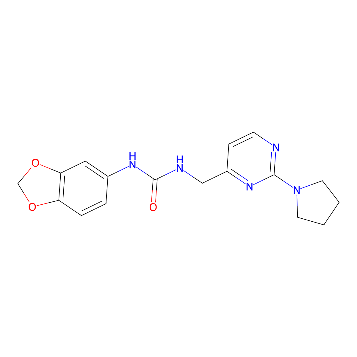 1-(Benzo[d][1,3]dioxol-5-yl)-3-((2-(pyrrolidin-1-yl)pyrimidin-4-yl)methyl)urea molecular structure, CAS 1798034-70-4