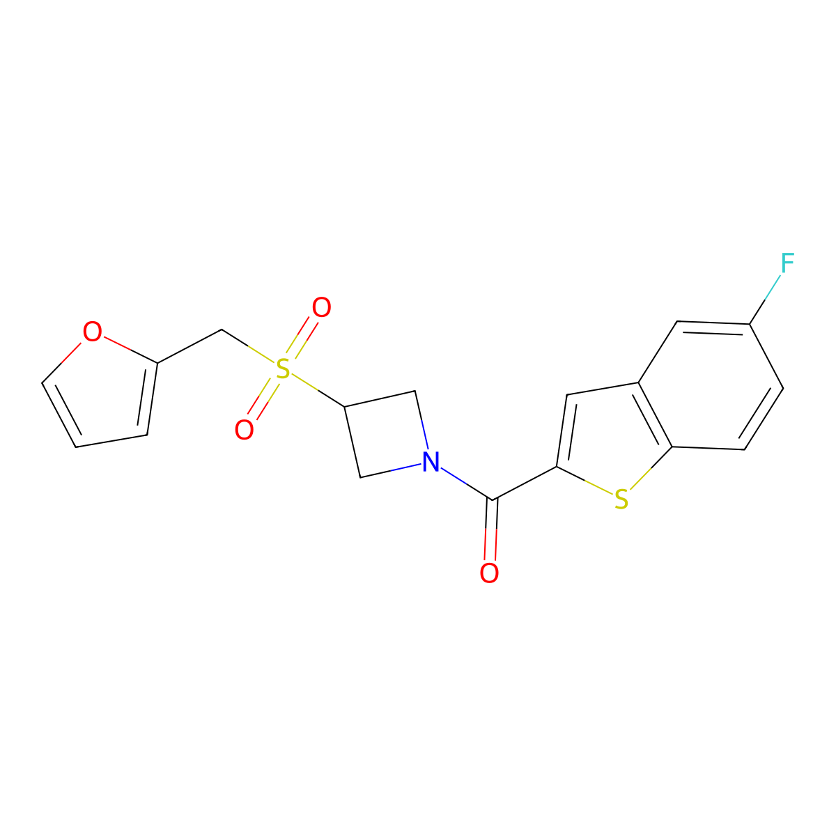 (5-Fluorobenzo[b]thiophen-2-yl)(3-((furan-2-ylmethyl)sulfonyl)azetidin-1-yl)methanone molecular structure, CAS 1798036-40-4