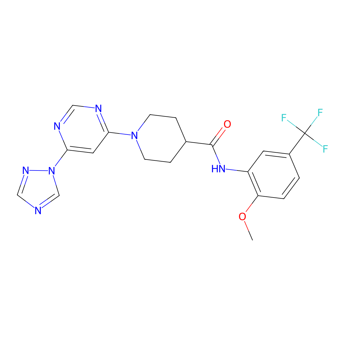 1-(6-(1H-1,2,4-triazol-1-yl)pyrimidin-4-yl)-N-(2-methoxy-5-(trifluoromethyl)phenyl)piperidine-4-carboxamide molecular structure, CAS 1798039-83-4