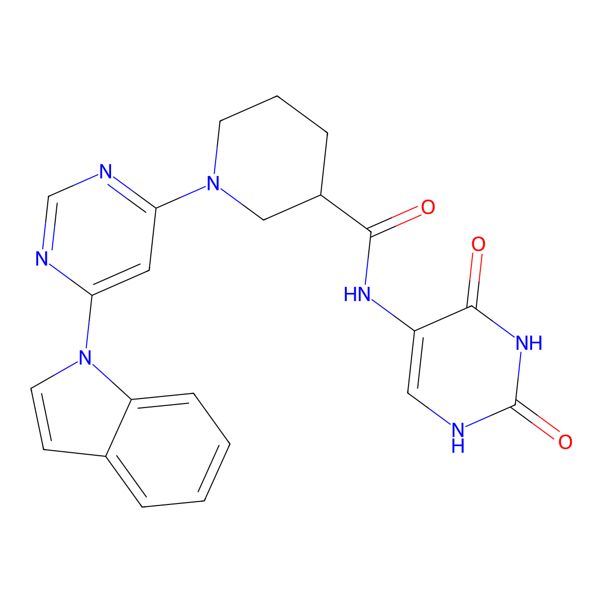 1-(6-(1H-indol-1-yl)pyrimidin-4-yl)-N-(2,4-dioxo-1,2,3,4-tetrahydropyrimidin-5-yl)piperidine-3-carboxamide molecular structure, CAS 1798040-09-1