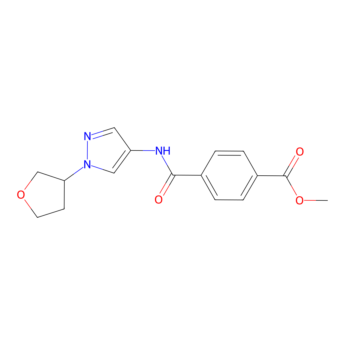 methyl 4-((1-(tetrahydrofuran-3-yl)-1H-pyrazol-4-yl)carbamoyl)benzoate molecular structure, CAS 1798041-05-0