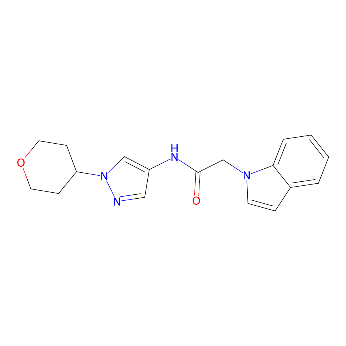 2-(1H-indol-1-yl)-N-(1-(tetrahydro-2H-pyran-4-yl)-1H-pyrazol-4-yl)acetamide molecular structure, CAS 1798041-93-6