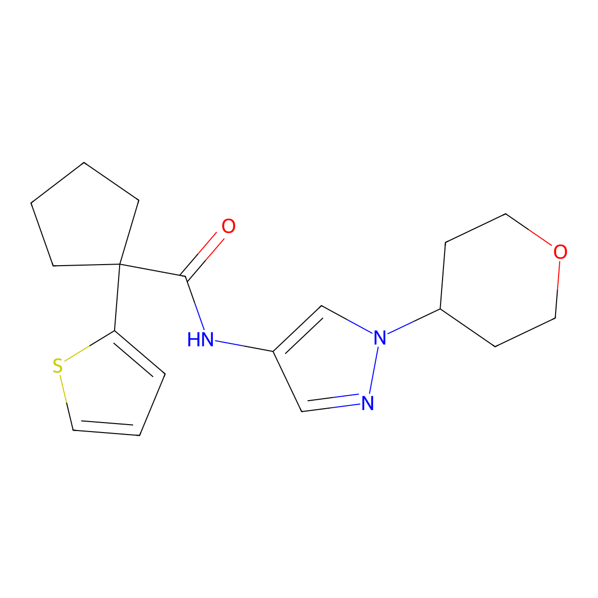 N-(1-(tetrahydro-2H-pyran-4-yl)-1H-pyrazol-4-yl)-1-(thiophen-2-yl)cyclopentanecarboxamide molecular structure, CAS 1798042-12-2