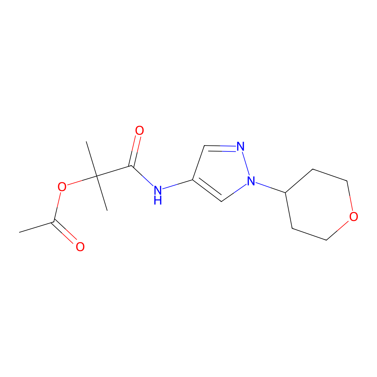 2-methyl-1-oxo-1-((1-(tetrahydro-2H-pyran-4-yl)-1H-pyrazol-4-yl)amino)propan-2-yl acetate molecular structure, CAS 1798042-30-4