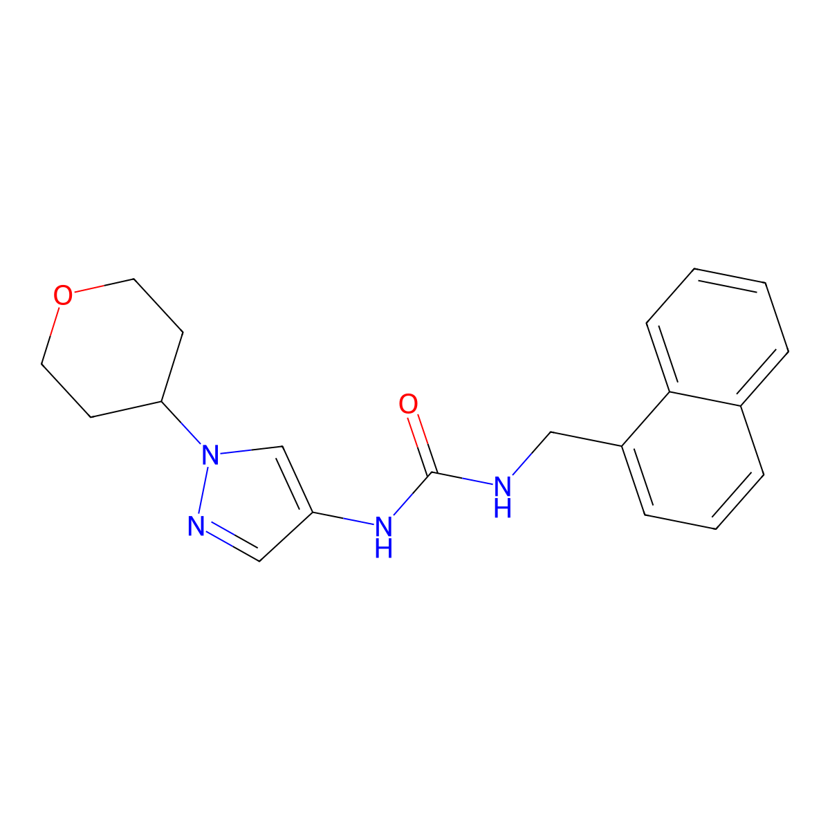 1-(naphthalen-1-ylmethyl)-3-(1-(tetrahydro-2H-pyran-4-yl)-1H-pyrazol-4-yl)urea molecular structure, CAS 1798042-46-2