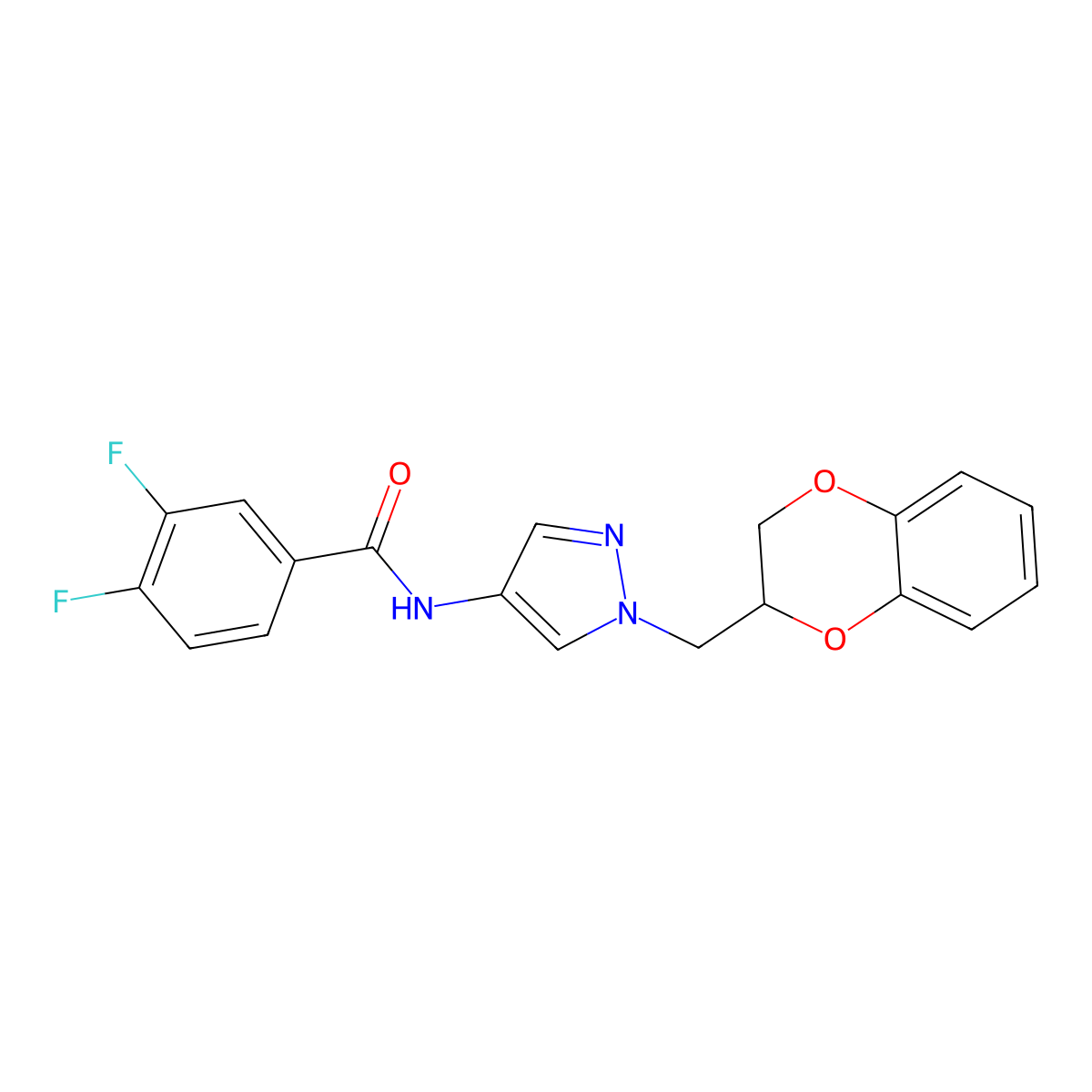 N-{1-[(2,3-dihydro-1,4-benzodioxin-2-yl)methyl]-1H-pyrazol-4-yl}-3,4-difluorobenzamide molecular structure, CAS 1798042-75-7
