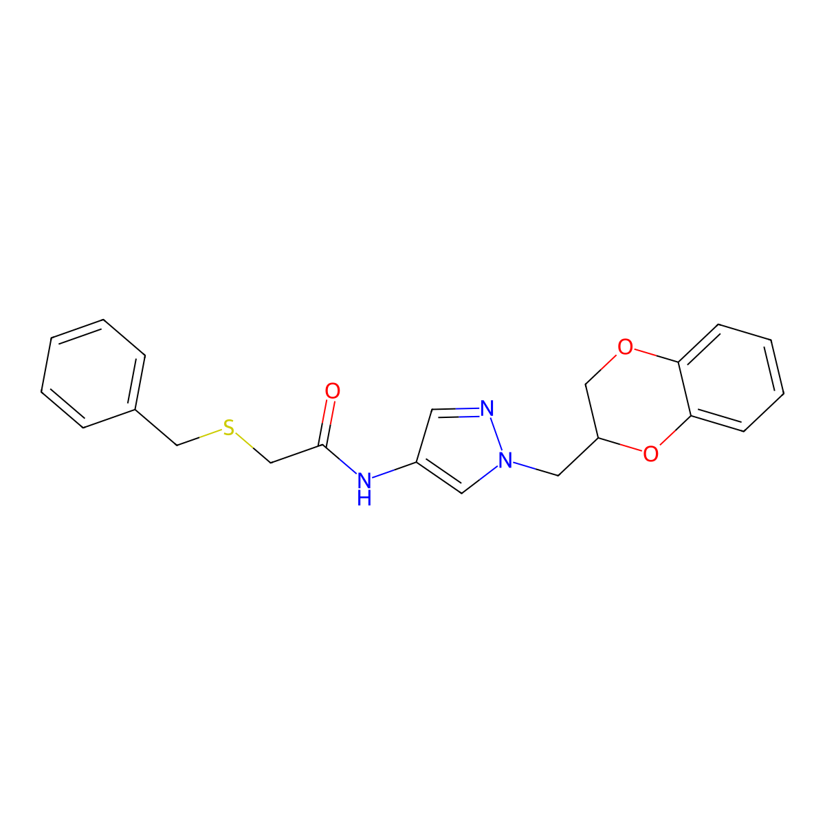 2-(benzylthio)-N-(1-((2,3-dihydrobenzo[b][1,4]dioxin-2-yl)methyl)-1H-pyrazol-4-yl)acetamide molecular structure, CAS 1798043-06-7