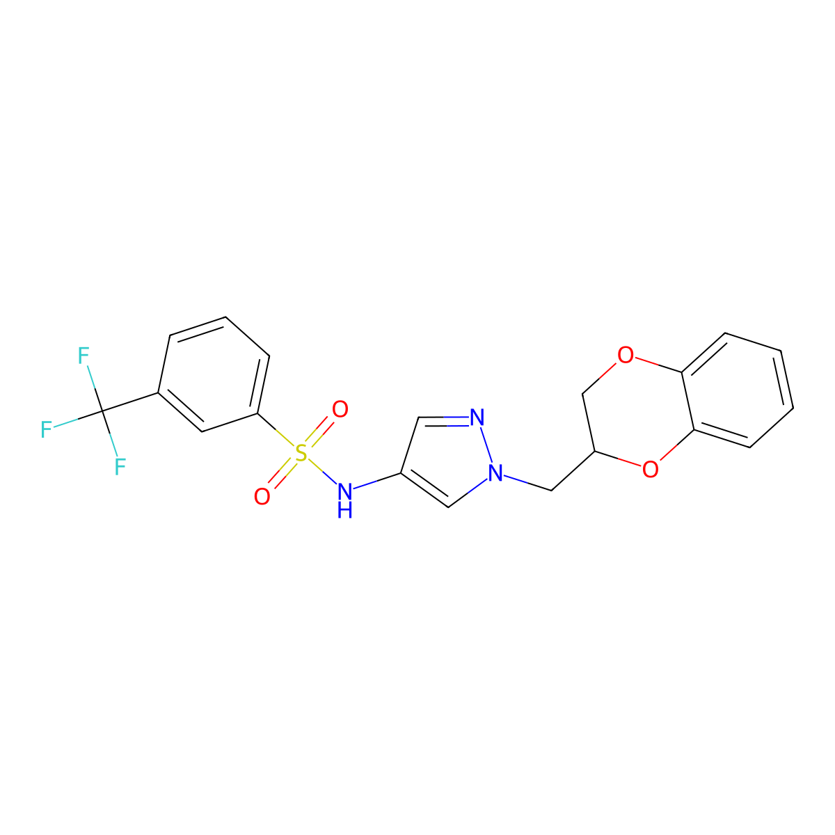 N-(1-((2,3-dihydrobenzo[b][1,4]dioxin-2-yl)methyl)-1H-pyrazol-4-yl)-3-(trifluoromethyl)benzenesulfonamide molecular structure, CAS 1798043-84-1