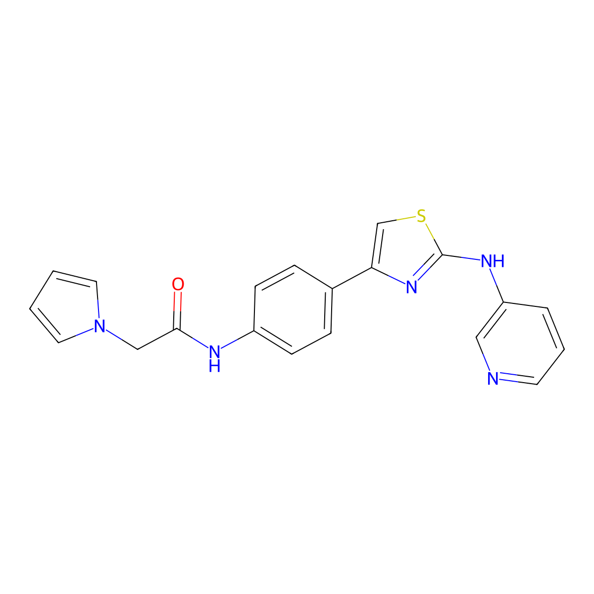 N-(4-(2-(pyridin-3-ylamino)thiazol-4-yl)phenyl)-2-(1H-pyrrol-1-yl)acetamide molecular structure, CAS 1798046-02-2