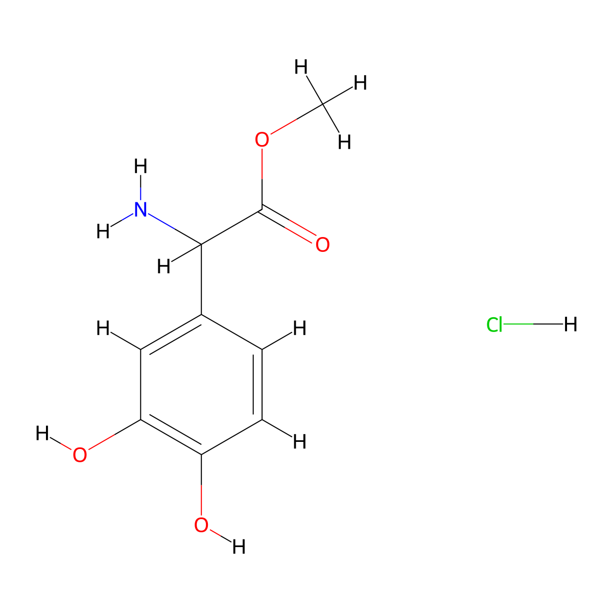 Methyl 2-amino-2-(3,4-dihydroxyphenyl)acetate hydrochloride molecular structure, CAS 179811-84-8