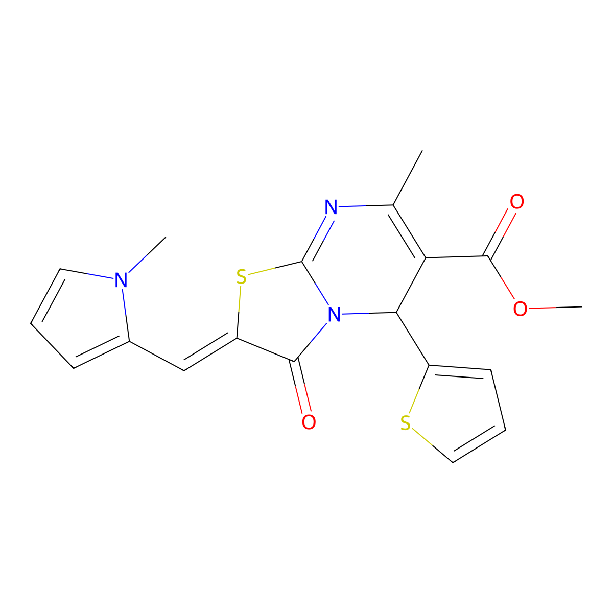 5H-Thiazolo[3,2-a]pyrimidine-6-carboxylic acid, 2,3-dihydro-7-methyl-2-[(1-methyl-1H-pyrrol-2-yl)methylene]-3-oxo-5-(2-thienyl)-, methyl ester molecular structure, CAS 1798395-21-7