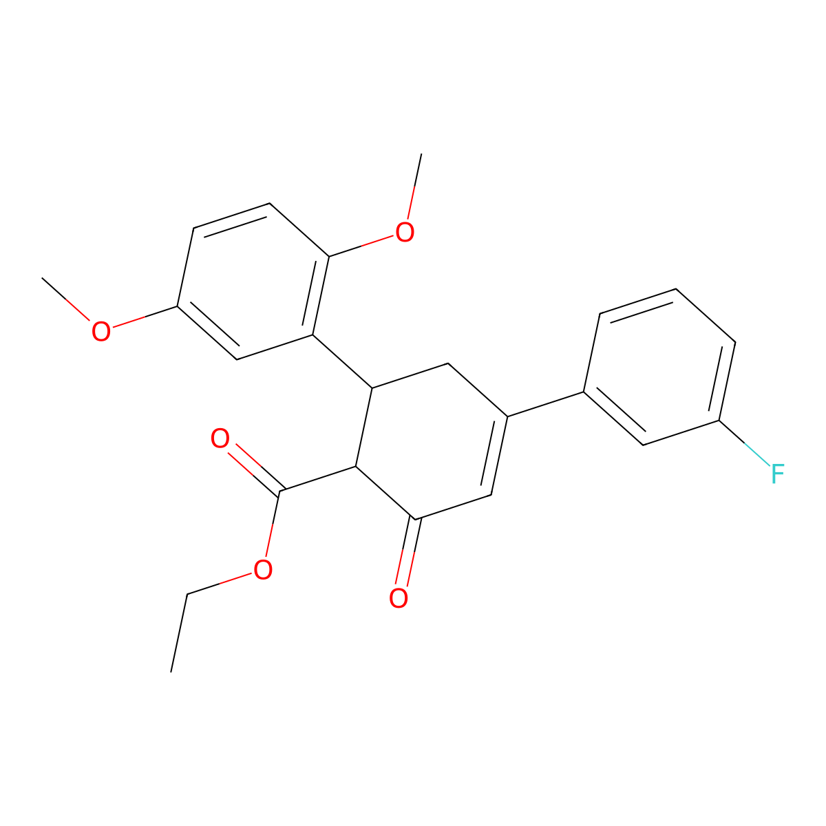 Ethyl 6-(2,5-dimethoxyphenyl)-4-(3-fluorophenyl)-2-oxocyclohex-3-ene-1-carboxylate molecular structure, CAS 1798443-35-2