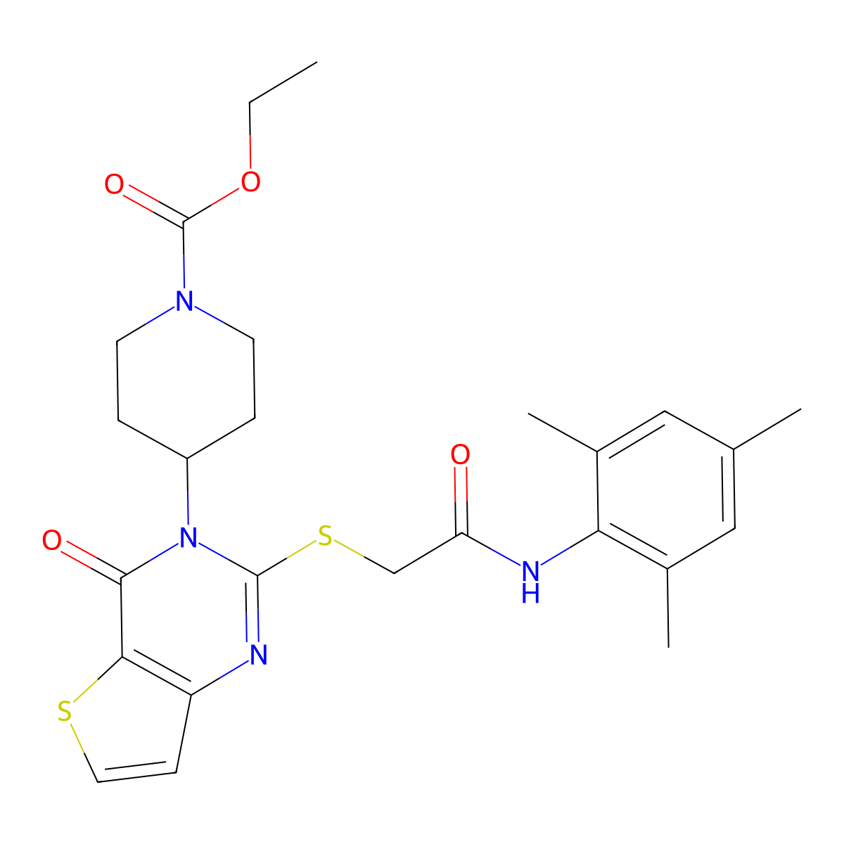 ethyl 4-(2-((2-(mesitylamino)-2-oxoethyl)thio)-4-oxothieno[3,2-d]pyrimidin-3(4H)-yl)piperidine-1-carboxylate molecular structure, CAS 1798443-56-7