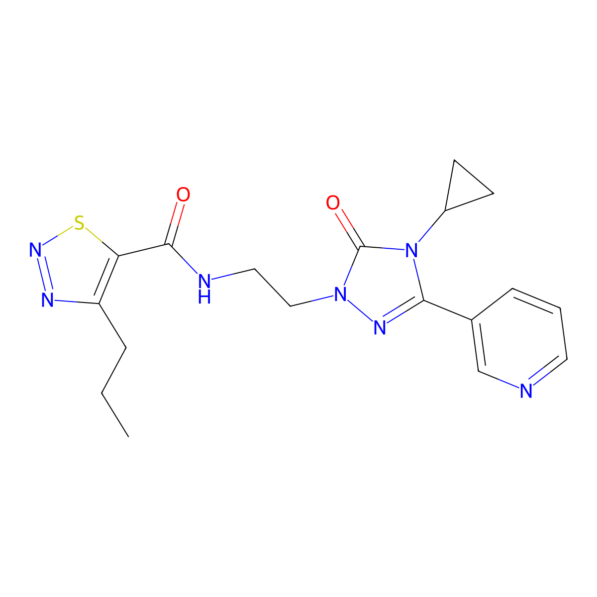 N-{2-[4-cyclopropyl-5-oxo-3-(pyridin-3-yl)-4,5-dihydro-1H-1,2,4-triazol-1-yl]ethyl}-4-propyl-1,2,3-thiadiazole-5-carboxamide molecular structure, CAS 1798457-78-9