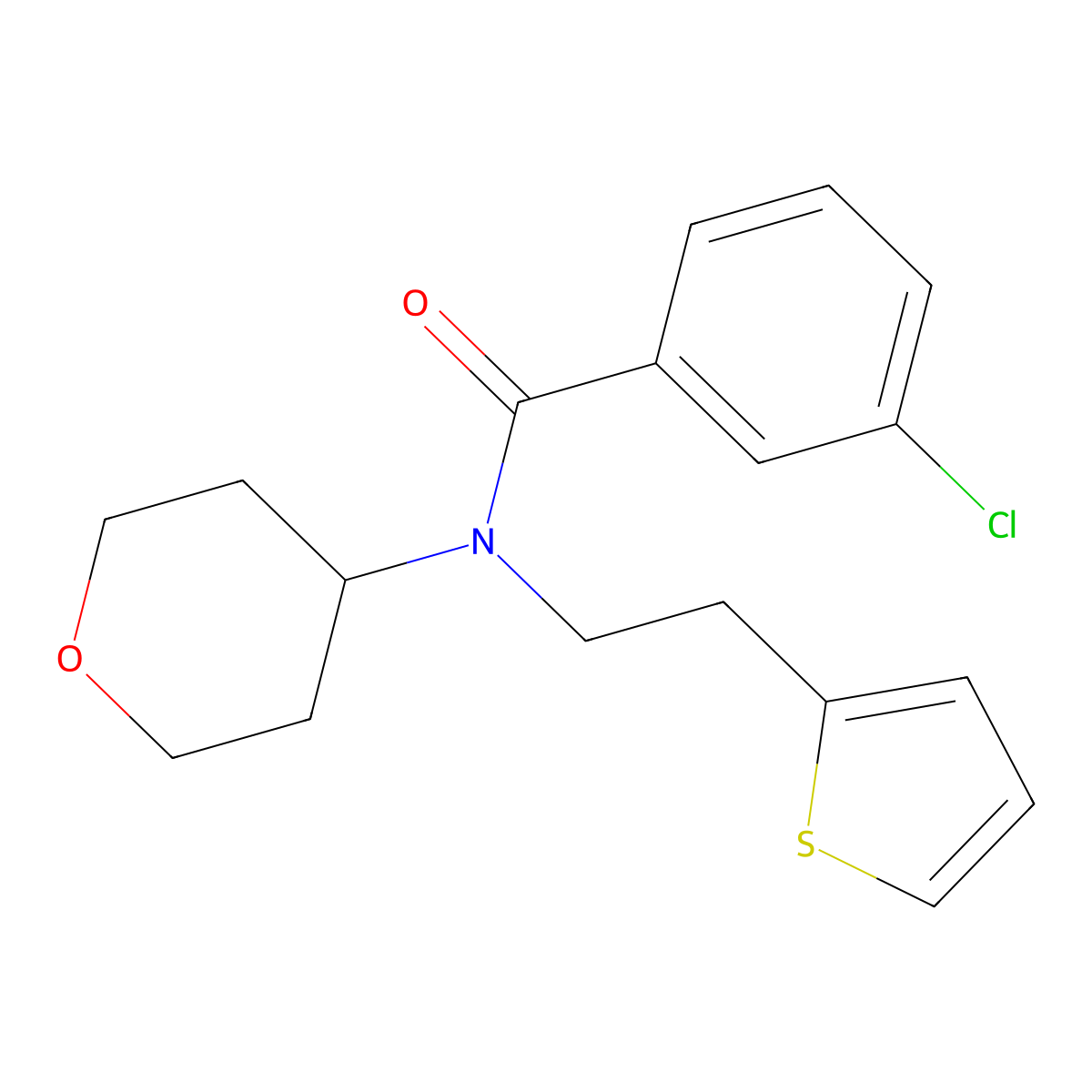 3-chloro-N-(tetrahydro-2H-pyran-4-yl)-N-(2-(thiophen-2-yl)ethyl)benzamide molecular structure, CAS 1798459-04-7