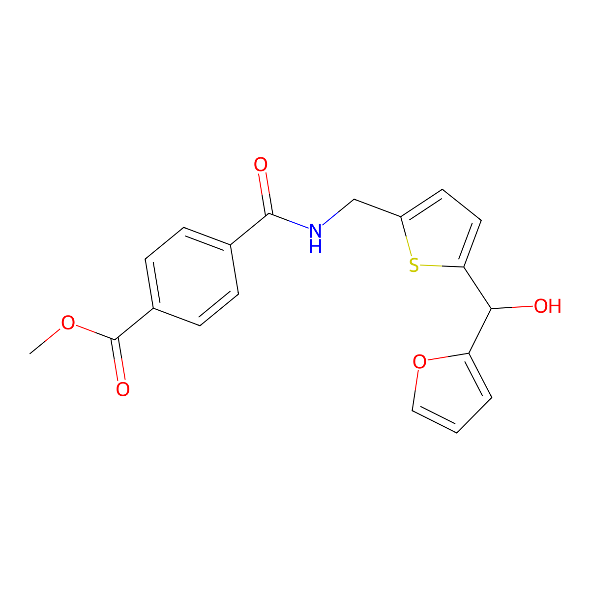 Methyl 4-(((5-(furan-2-yl(hydroxy)methyl)thiophen-2-yl)methyl)carbamoyl)benzoate molecular structure, CAS 1798459-06-9