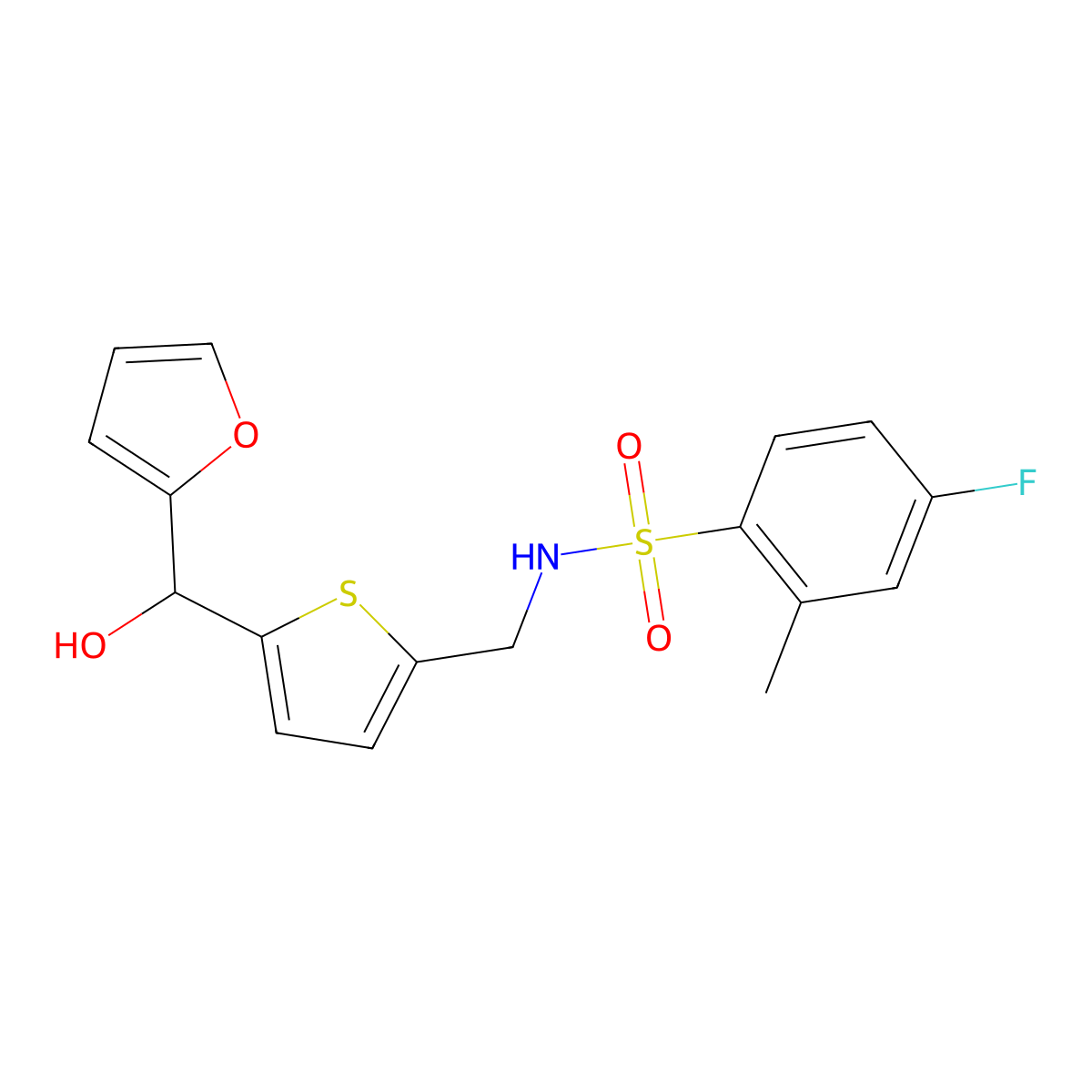 4-fluoro-N-((5-(furan-2-yl(hydroxy)methyl)thiophen-2-yl)methyl)-2-methylbenzenesulfonamide molecular structure, CAS 1798459-09-2