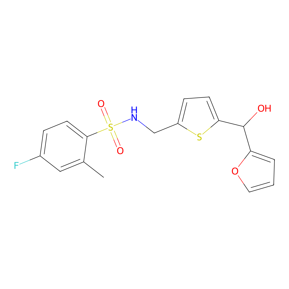 4-fluoro-N-((5-(furan-2-yl(hydroxy)methyl)thiophen-2-yl)methyl)-2-methylbenzenesulfonamide molecular structure, CAS 1798459-09-2