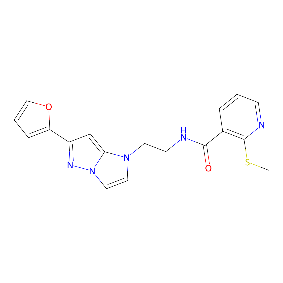 N-(2-(6-(furan-2-yl)-1H-imidazo[1,2-b]pyrazol-1-yl)ethyl)-2-(methylthio)nicotinamide molecular structure, CAS 1798459-88-7