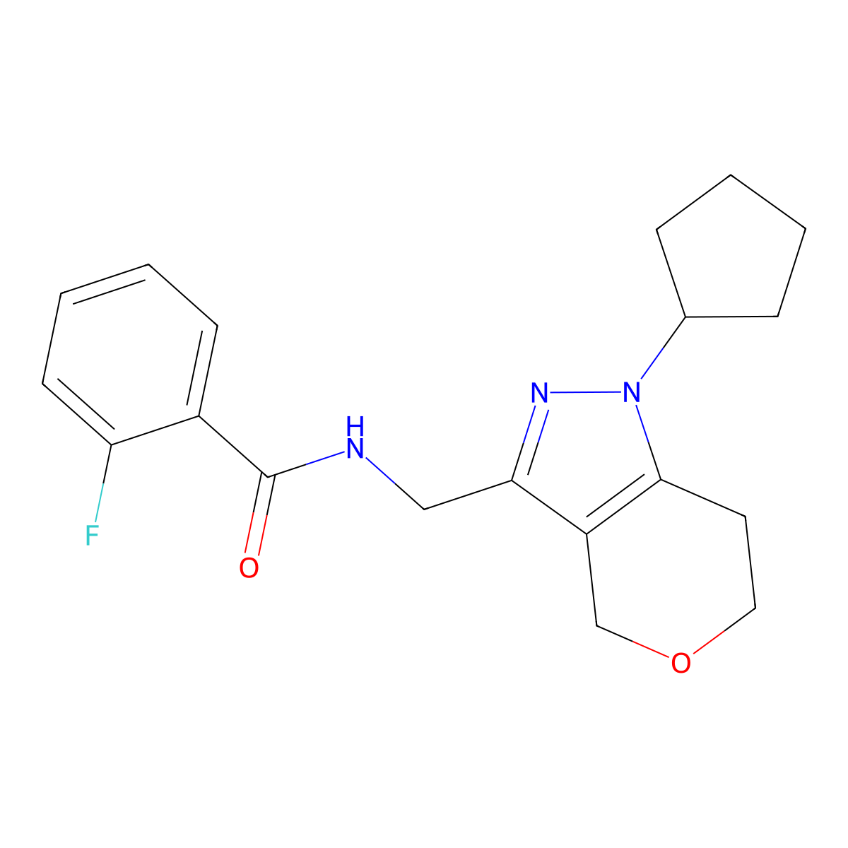 N-((1-cyclopentyl-1,4,6,7-tetrahydropyrano[4,3-c]pyrazol-3-yl)methyl)-2-fluorobenzamide molecular structure, CAS 1798460-01-1