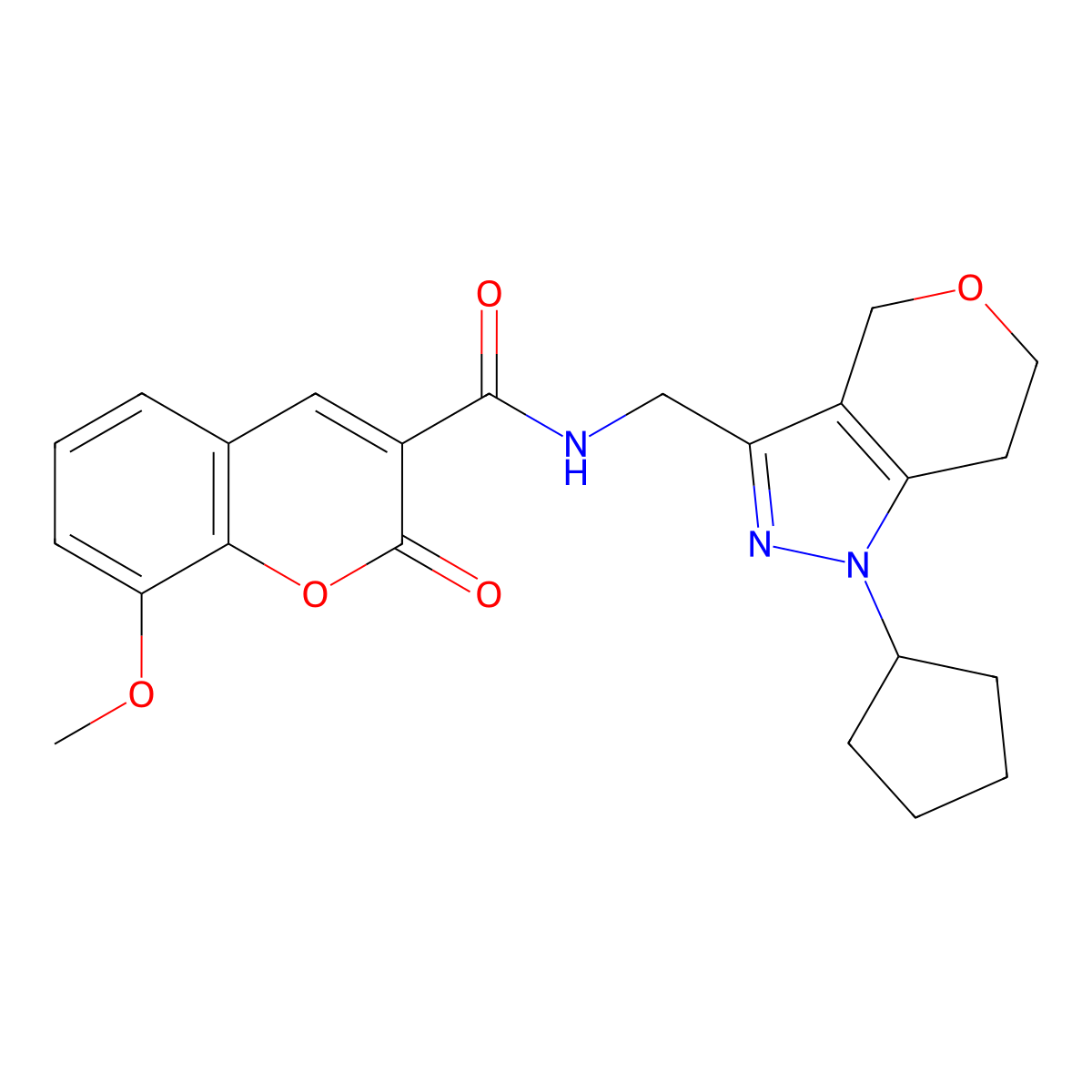 N-((1-cyclopentyl-1,4,6,7-tetrahydropyrano[4,3-c]pyrazol-3-yl)methyl)-8-methoxy-2-oxo-2H-chromene-3-carboxamide molecular structure, CAS 1798460-15-7