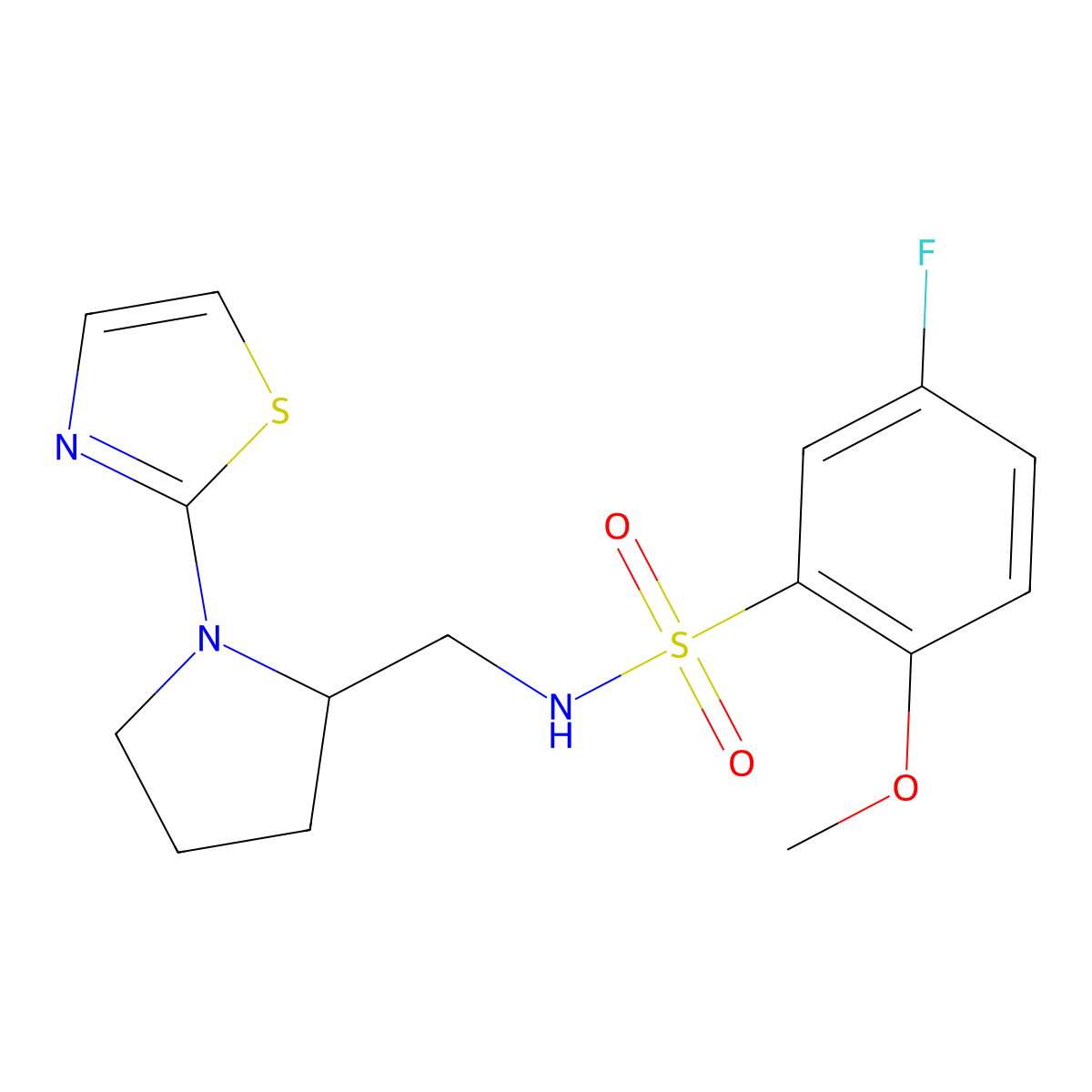 5-fluoro-2-methoxy-N-((1-(thiazol-2-yl)pyrrolidin-2-yl)methyl)benzenesulfonamide molecular structure, CAS 1798461-79-6