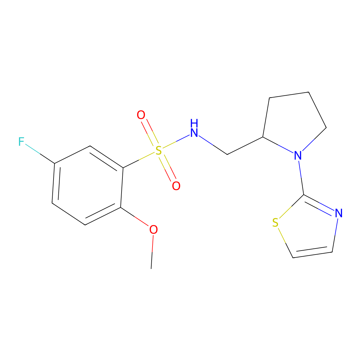 5-fluoro-2-methoxy-N-((1-(thiazol-2-yl)pyrrolidin-2-yl)methyl)benzenesulfonamide molecular structure, CAS 1798461-79-6