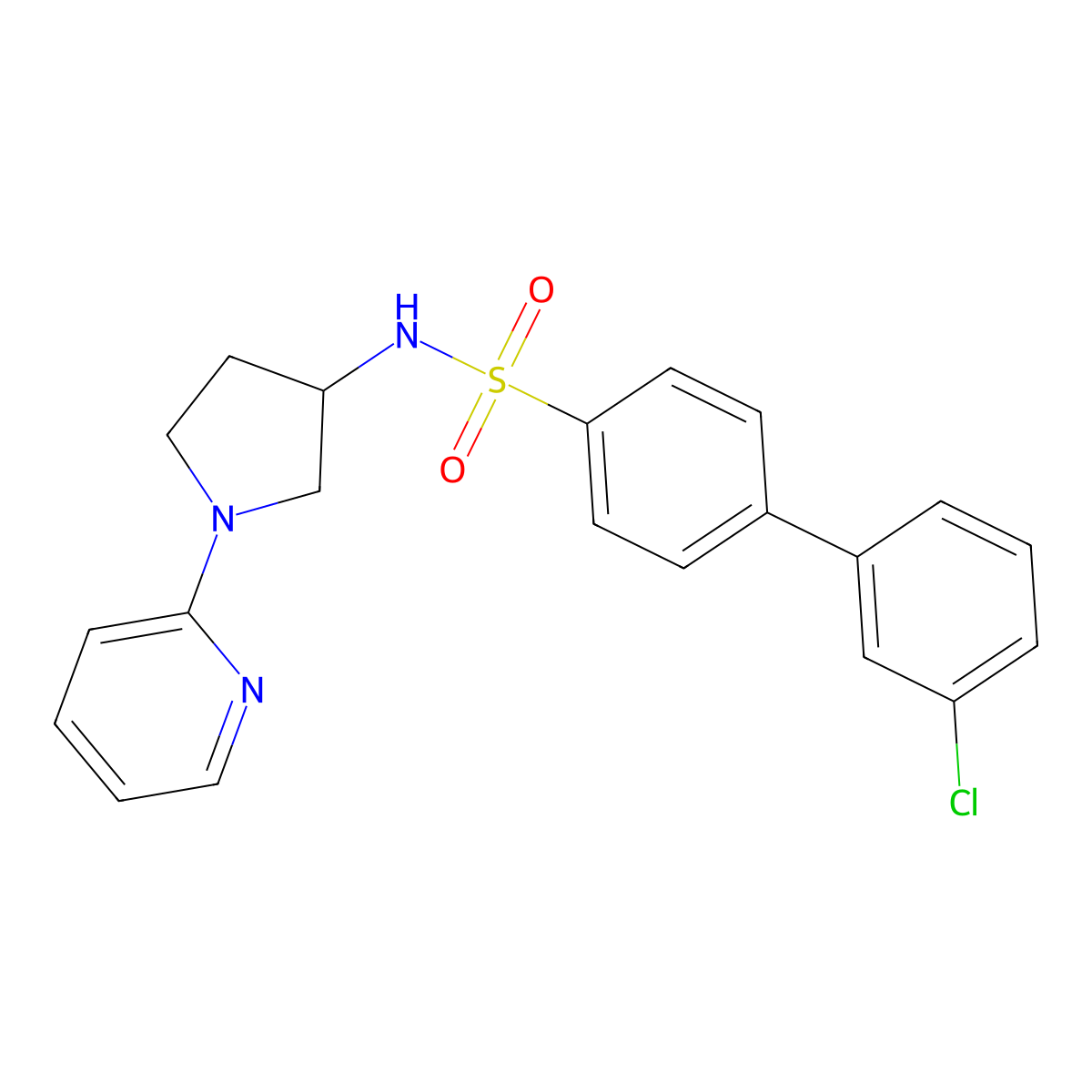 3'-chloro-N-(1-(pyridin-2-yl)pyrrolidin-3-yl)-[1,1'-biphenyl]-4-sulfonamide molecular structure, CAS 1798461-89-8