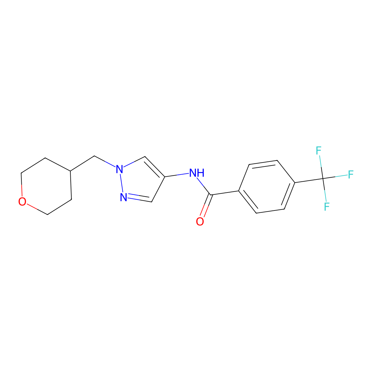 N-(1-((tetrahydro-2H-pyran-4-yl)methyl)-1H-pyrazol-4-yl)-4-(trifluoromethyl)benzamide molecular structure, CAS 1798462-15-3