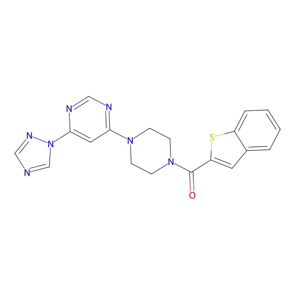 (4-(6-(1H-1,2,4-triazol-1-yl)pyrimidin-4-yl)piperazin-1-yl)(benzo[b]thiophen-2-yl)methanone molecular structure, CAS 1798465-56-1