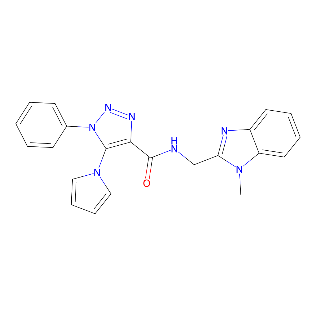 N-((1-methyl-1H-benzo[d]imidazol-2-yl)methyl)-1-phenyl-5-(1H-pyrrol-1-yl)-1H-1,2,3-triazole-4-carboxamide molecular structure, CAS 1798485-26-3