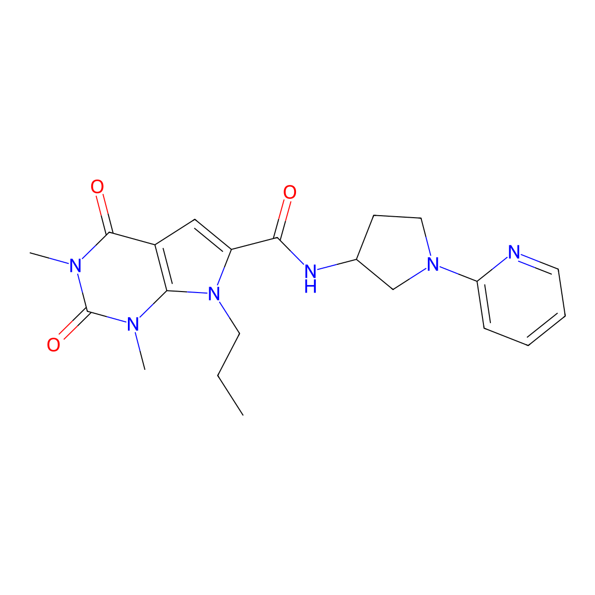 1,3-dimethyl-2,4-dioxo-7-propyl-N-(1-(pyridin-2-yl)pyrrolidin-3-yl)-2,3,4,7-tetrahydro-1H-pyrrolo[2,3-d]pyrimidine-6-carboxamide molecular structure, CAS 1798485-28-5