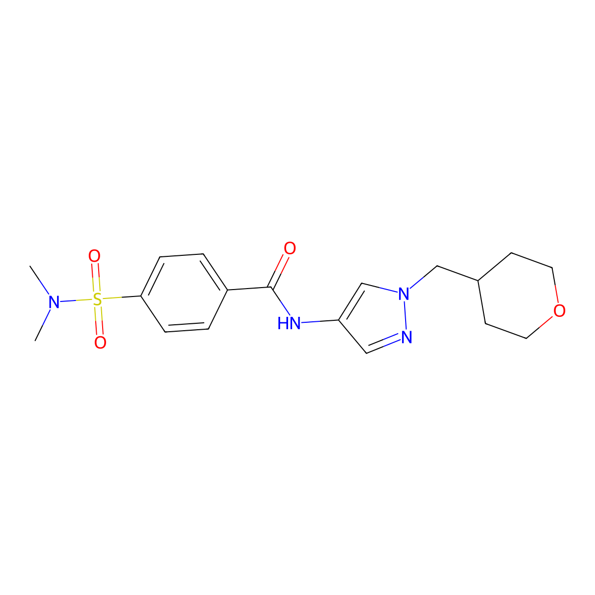 4-(N,N-dimethylsulfamoyl)-N-(1-((tetrahydro-2H-pyran-4-yl)methyl)-1H-pyrazol-4-yl)benzamide molecular structure, CAS 1798485-56-9