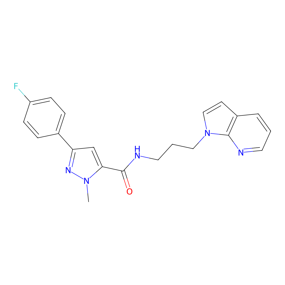 N-(3-(1H-pyrrolo[2,3-b]pyridin-1-yl)propyl)-3-(4-fluorophenyl)-1-methyl-1H-pyrazole-5-carboxamide molecular structure, CAS 1798485-97-8