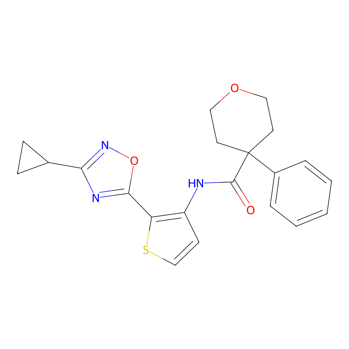 N-[2-(3-cyclopropyl-1,2,4-oxadiazol-5-yl)thiophen-3-yl]-4-phenyloxane-4-carboxamide molecular structure, CAS 1798486-72-2