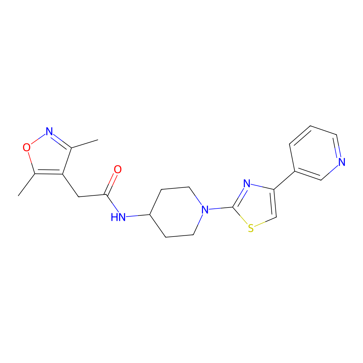 2-(3,5-dimethylisoxazol-4-yl)-N-(1-(4-(pyridin-3-yl)thiazol-2-yl)piperidin-4-yl)acetamide molecular structure, CAS 1798486-77-7