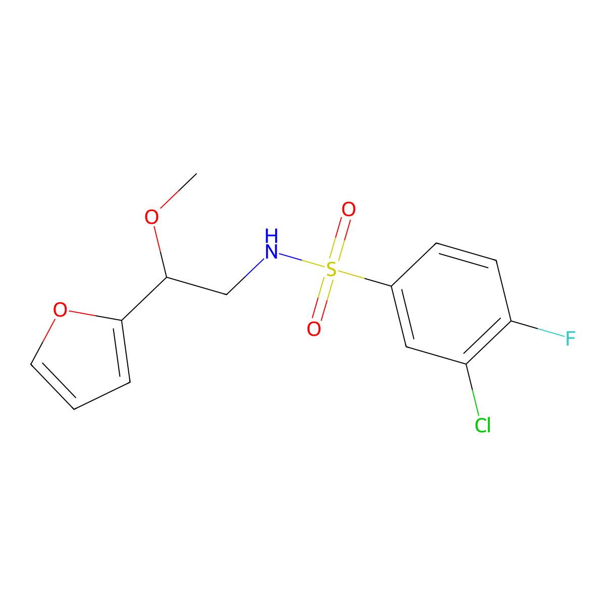 3-chloro-4-fluoro-N-(2-(furan-2-yl)-2-methoxyethyl)benzenesulfonamide molecular structure, CAS 1798486-79-9