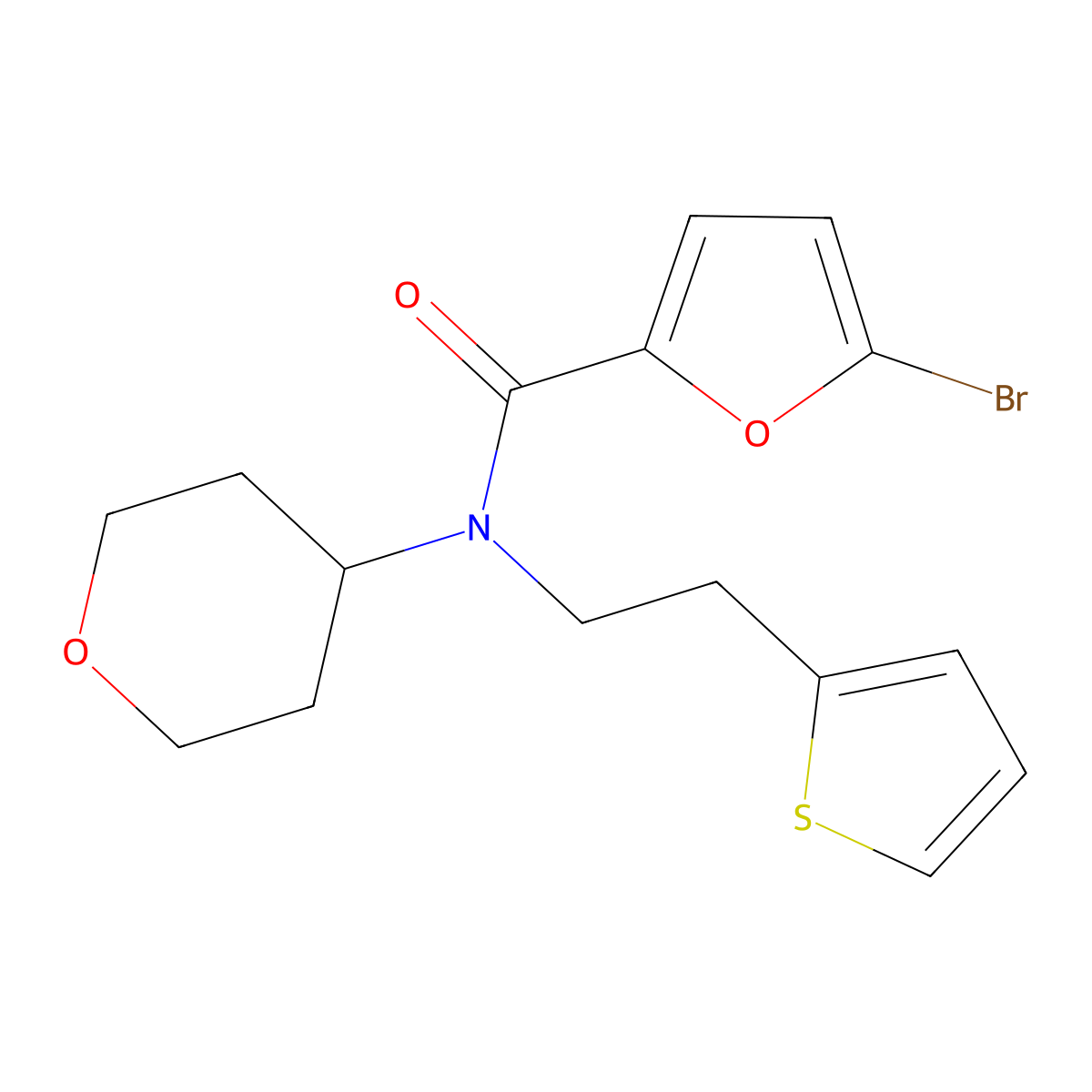 5-bromo-N-(tetrahydro-2H-pyran-4-yl)-N-(2-(thiophen-2-yl)ethyl)furan-2-carboxamide molecular structure, CAS 1798486-93-7