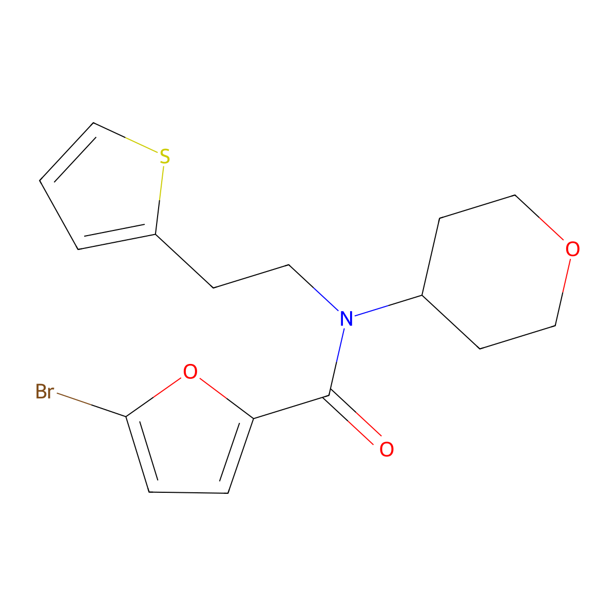 5-bromo-N-(tetrahydro-2H-pyran-4-yl)-N-(2-(thiophen-2-yl)ethyl)furan-2-carboxamide molecular structure, CAS 1798486-93-7