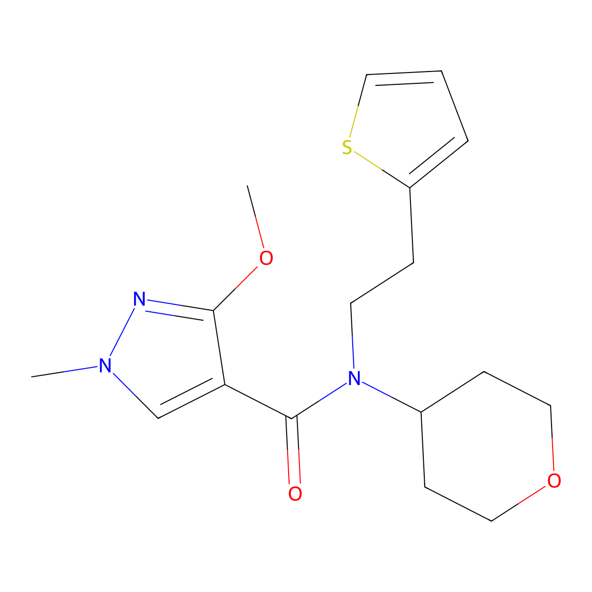 3-methoxy-1-methyl-N-(tetrahydro-2H-pyran-4-yl)-N-(2-(thiophen-2-yl)ethyl)-1H-pyrazole-4-carboxamide molecular structure, CAS 1798487-07-6