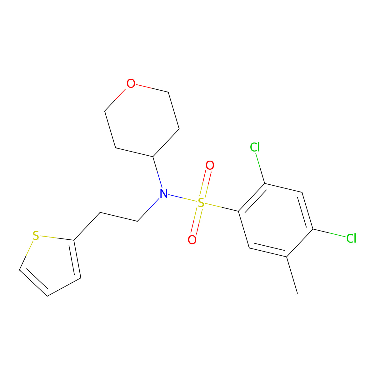 2,4-dichloro-5-methyl-N-(tetrahydro-2H-pyran-4-yl)-N-(2-(thiophen-2-yl)ethyl)benzenesulfonamide molecular structure, CAS 1798487-15-6