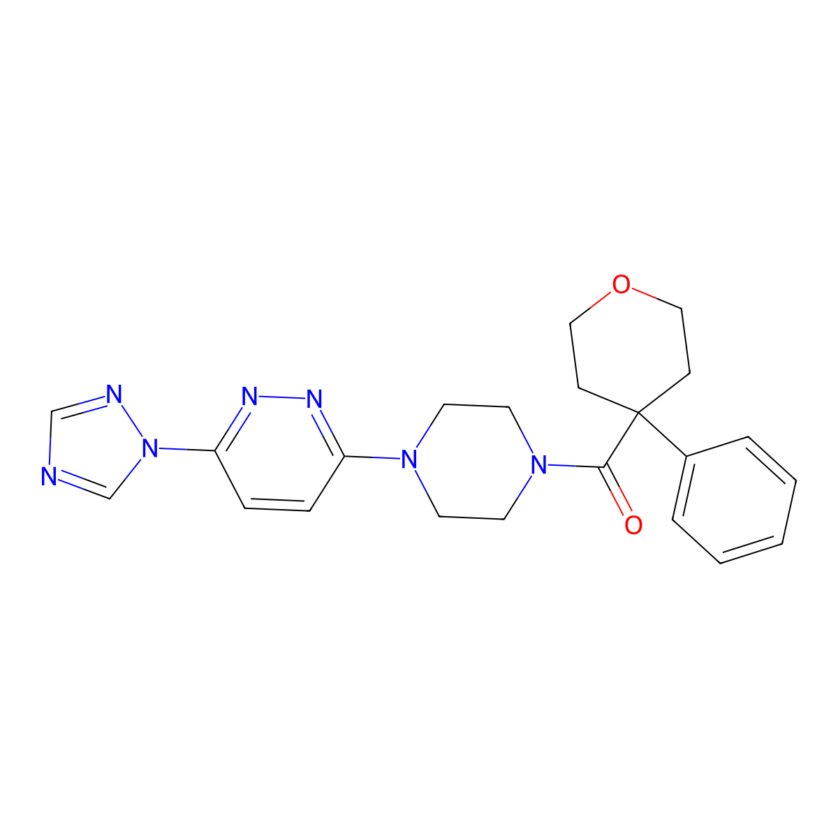 (4-(6-(1H-1,2,4-triazol-1-yl)pyridazin-3-yl)piperazin-1-yl)(4-phenyltetrahydro-2H-pyran-4-yl)methanone molecular structure, CAS 1798487-32-7