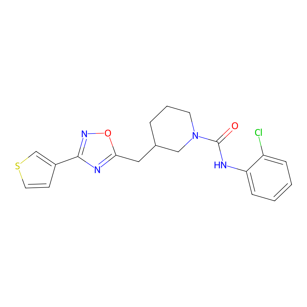 N-(2-chlorophenyl)-3-((3-(thiophen-3-yl)-1,2,4-oxadiazol-5-yl)methyl)piperidine-1-carboxamide molecular structure, CAS 1798487-54-3
