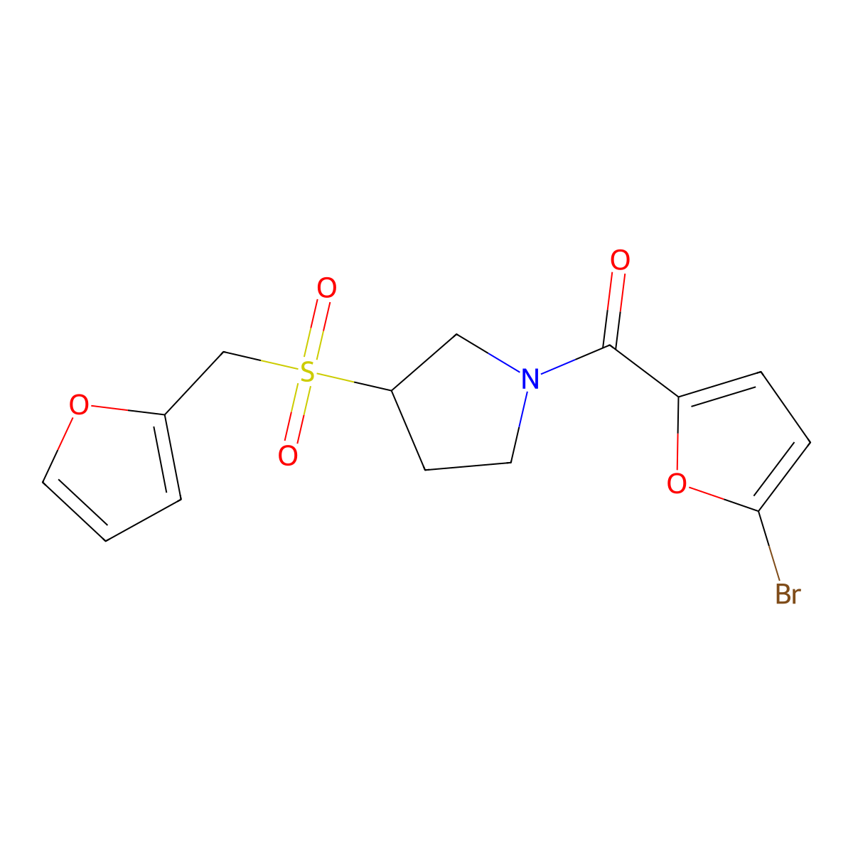(5-Bromofuran-2-yl)(3-((furan-2-ylmethyl)sulfonyl)pyrrolidin-1-yl)methanone molecular structure, CAS 1798488-01-3