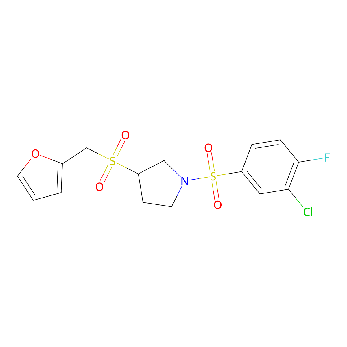 1-((3-Chloro-4-fluorophenyl)sulfonyl)-3-((furan-2-ylmethyl)sulfonyl)pyrrolidine molecular structure, CAS 1798488-13-7