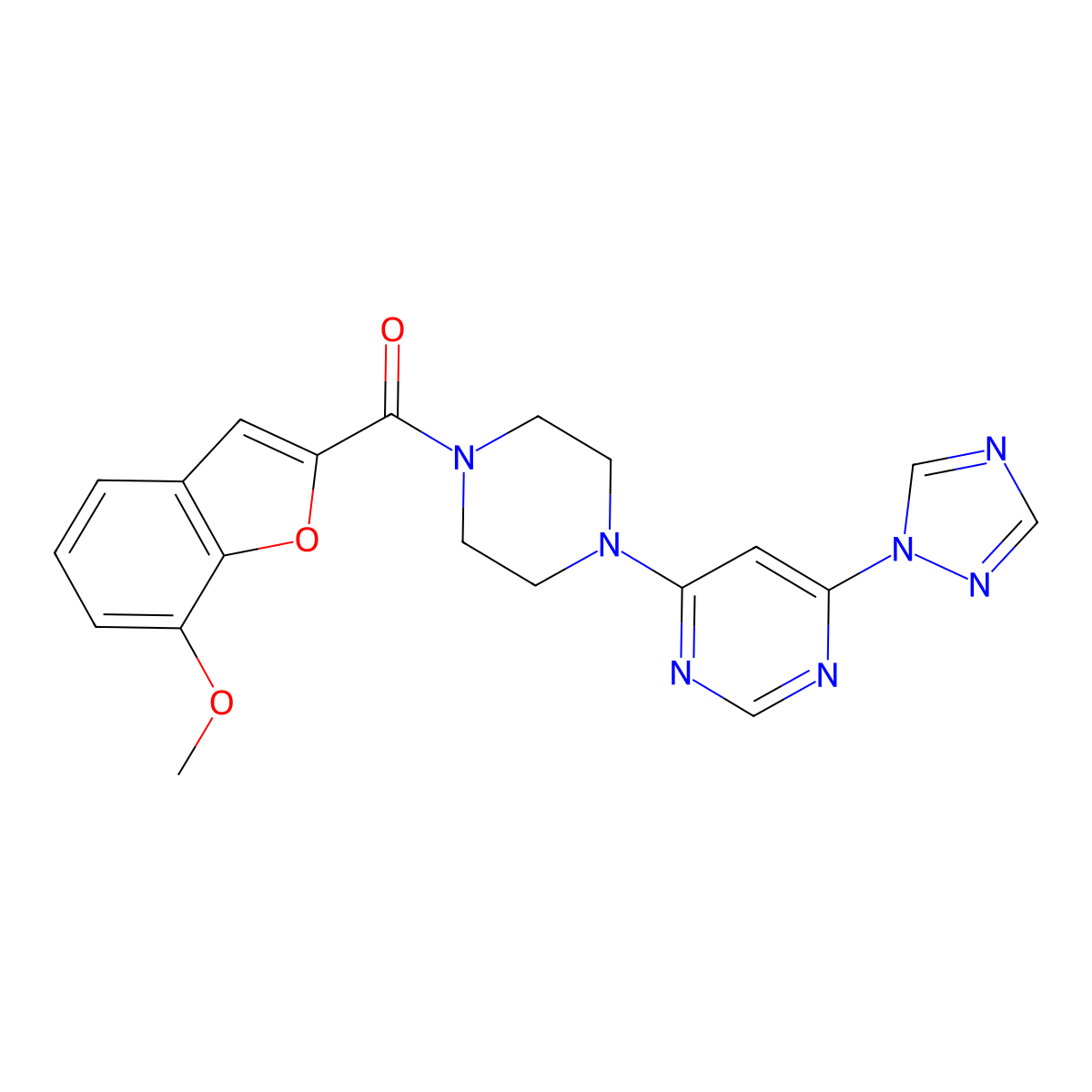 (4-(6-(1H-1,2,4-triazol-1-yl)pyrimidin-4-yl)piperazin-1-yl)(7-methoxybenzofuran-2-yl)methanone molecular structure, CAS 1798488-15-9